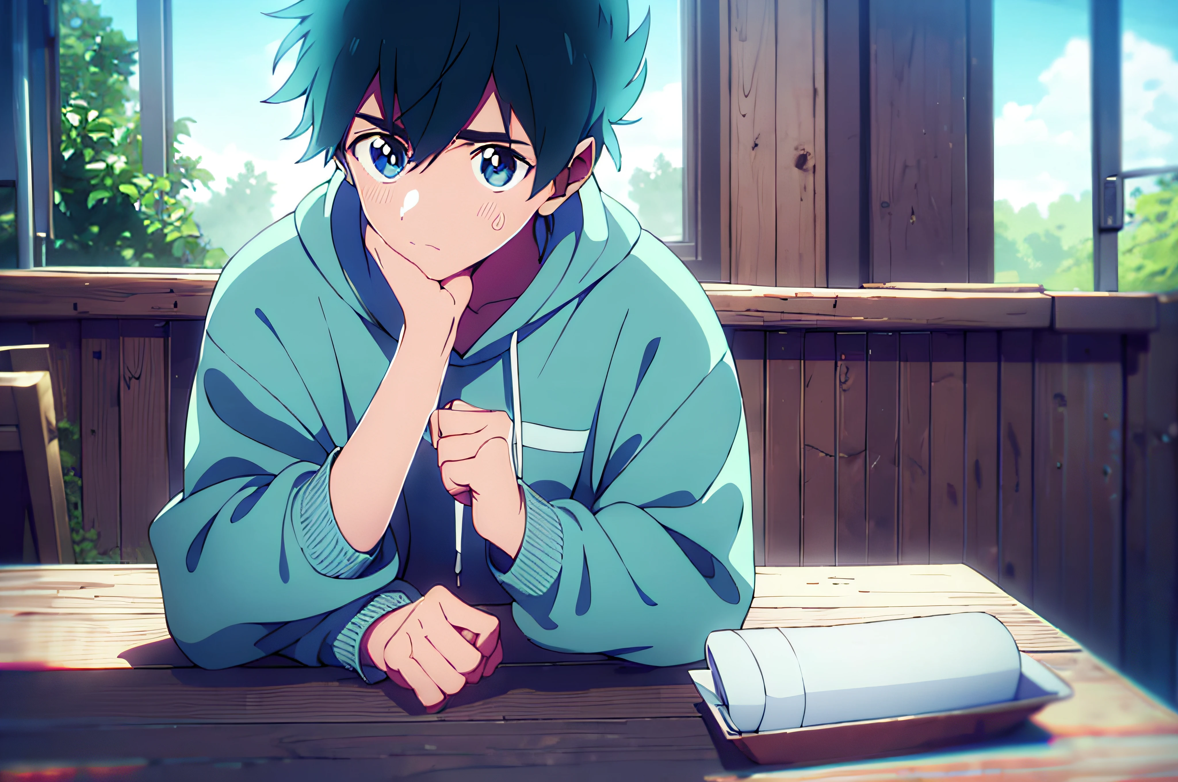 green matcha on the side, navy hoodie, light blue eyes