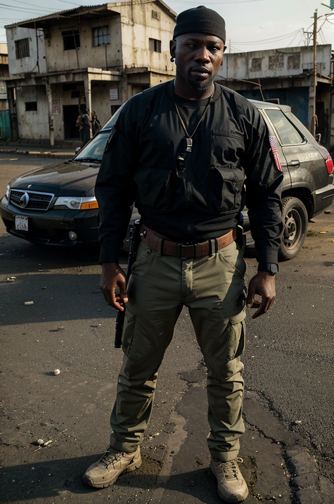 Airsoft player in the style of Grand Theft Auto from Liberia, standing close a car in Liberia city, let the background be like Liberia