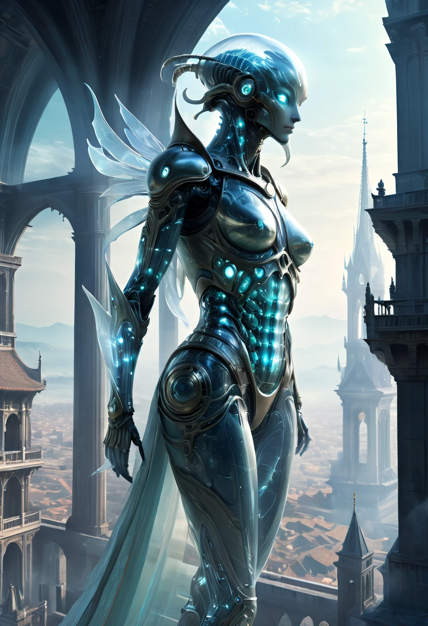 Translucent ethereal alien warrior,Spectacular high-tech space landscape,The integration of future technology and medieval cities,Medieval ancient palace,Medieval ancient bell tower,Translucent ethereal alien warrior,model shoot style, (extremely detaild的 CG unified 8k wallpapers), The beauty of abstract style,,hyper realisitc, 8K, super detailing, Best quality at best, Award-Awarded, Anatomically correct, 16k, super detailing