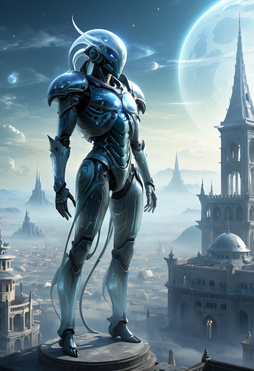 Translucent ethereal alien warrior,Spectacular high-tech space landscape,The integration of future technology and medieval cities,Medieval ancient palace,Medieval ancient bell tower,Translucent ethereal alien warrior,model shoot style, (extremely detaild的 CG unified 8k wallpapers), The beauty of abstract style,,hyper realisitc, 8K, super detailing, Best quality at best, Award-Awarded, Anatomically correct, 16k, super detailing