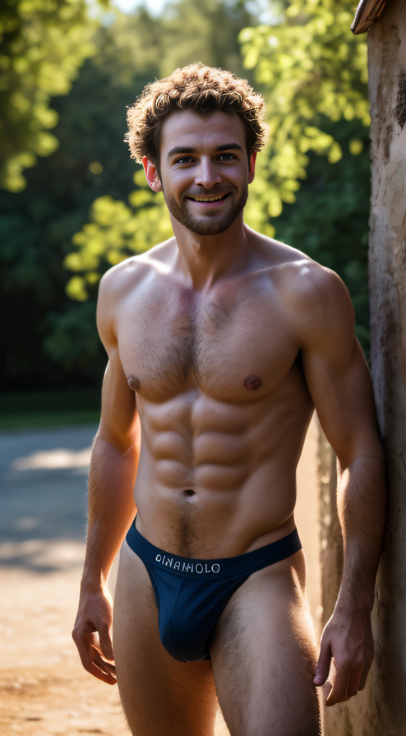 young man in thong, erect, hair to shoulders, very skinny, skinny, very very skinny, bulge, hairy, (masterpiece, best quality, high resolution), 1man, smiling, skin pores texture, Hair black, HD , Photography, movie, cinematic, full Body, Realistic, (8k, RAW photo, best quality, masterpiece), (realistic, photo-realistic), best quality, detailed eyes blue, cute, natural lighting, depth of field, film grain, wrinkled skin, detailed and realistic ,outside, staring at camera, chapped lips, soft natural lighting, photography, magical photography, dramatic lighting, photo realism, ultra-detailed