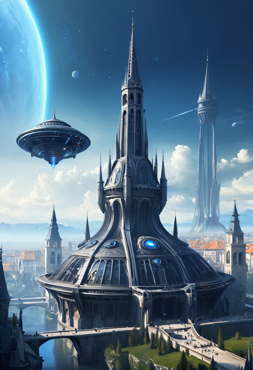 Medieval alien spaceship,Spectacular high-tech space landscape,Medieval city of futuristic technology,Medieval ancient palace,Medieval ancient bell tower,Medieval alien spaceship