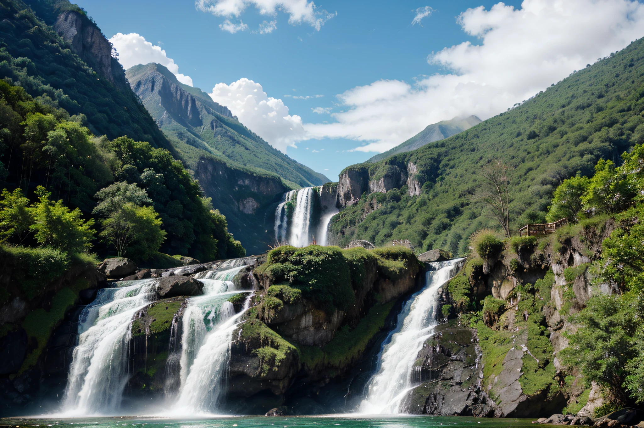 A mountain covered in green vegetation and with a waterfall