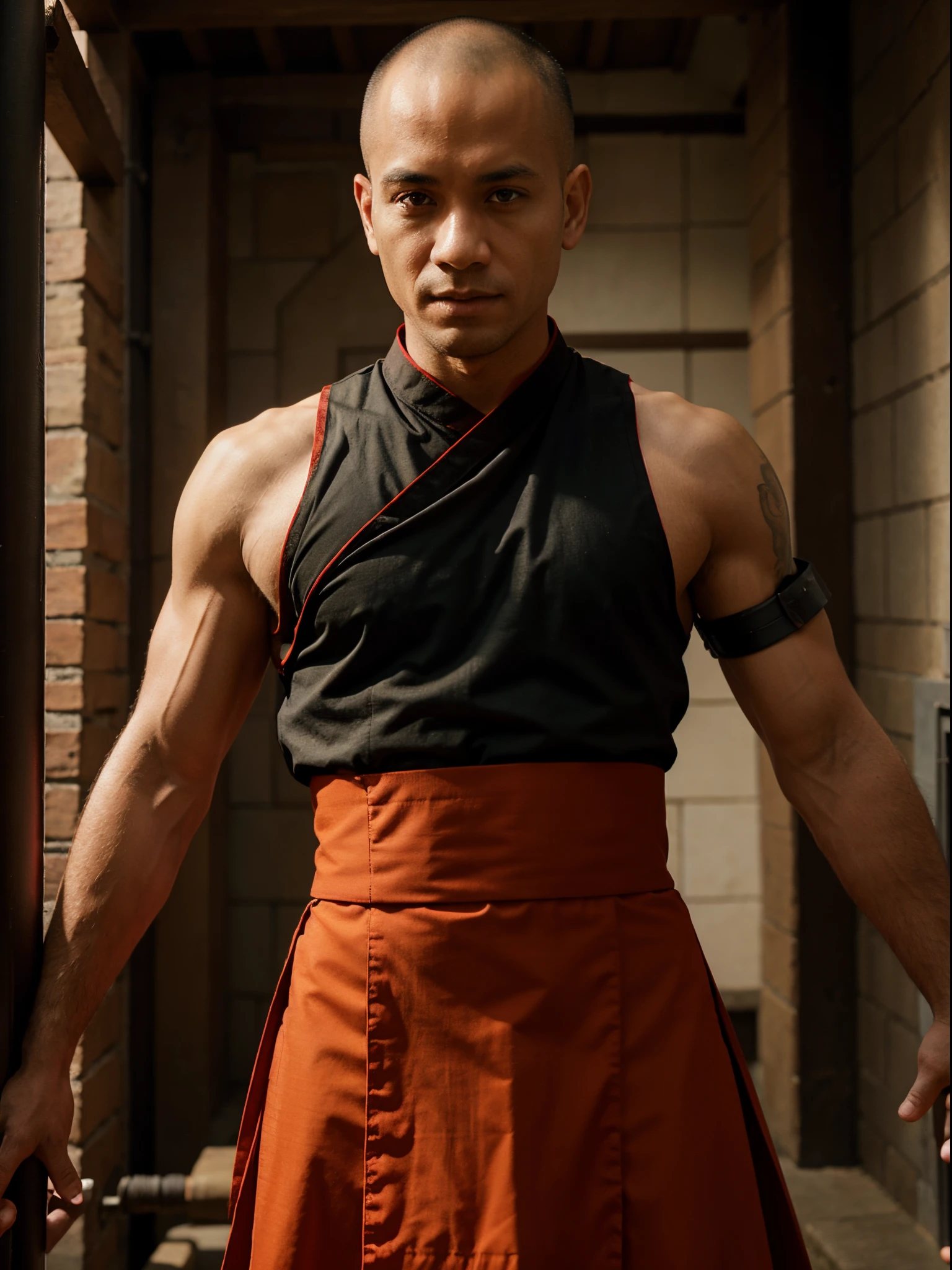 Human monk wearing a red and black sleeveless gi with scales on his fore arms outside