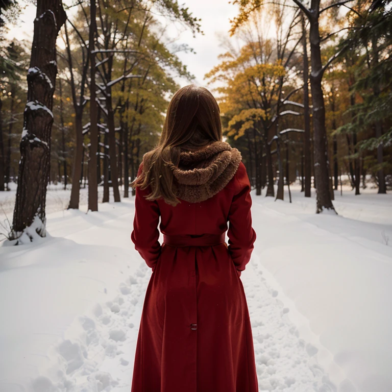 woman red dress winter seen from behind, winter, Canon EOS 1000D, ƒ/3.5, focal length: 18.0 mm, exposure time: 1/5, ISO 400, flash on. Blond woods