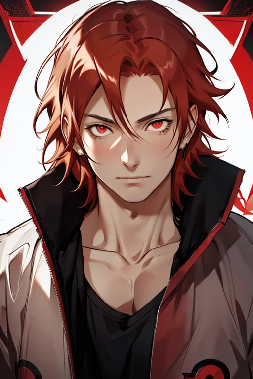 Single male,Boy,Close-up,Upper body photo,Occult magic, ,light red hair his eyes were covered by his hair ,tattered clothes, , amarelo,white colors,red colour,black in color,flowy,adornado y fluido,The face is grim red eyes