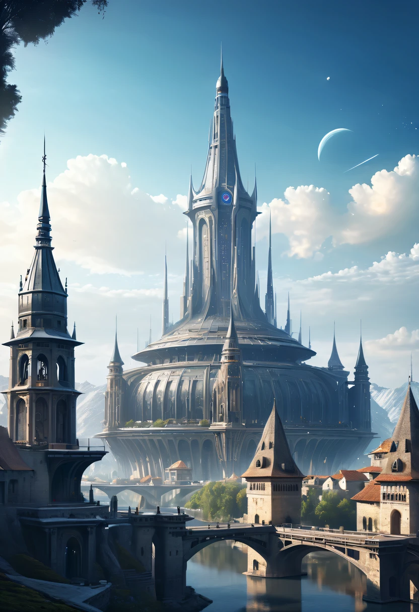 Spectacular high-tech space landscape,Medieval city of futuristic technology,Medieval ancient palace,Medieval ancient bell tower,Medieval alien spaceship