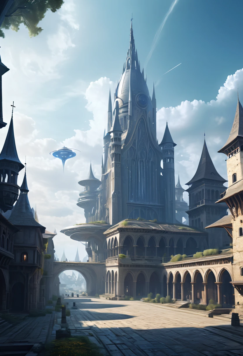 Spectacular high-tech space landscape,Medieval city of futuristic technology,Medieval ancient palace,Medieval ancient bell tower,Medieval alien spaceship