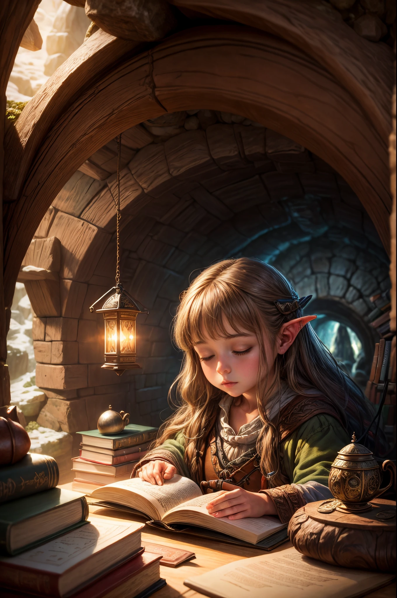 "Oil painting, ((dreamy)) girl reading ancient books, warm light ((inside a mystical hobbit cave)), magical atmosphere, whimsical clock, enchanting, cozy, detailed"