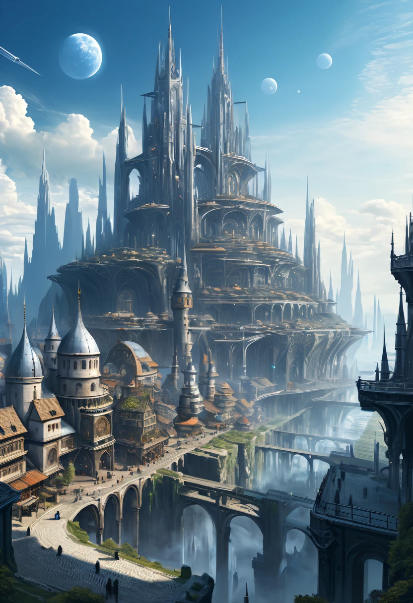 Spectacular high-tech space landscape,The fusion of future technology and the Middle Ages，A medieval city full of high-tech elements