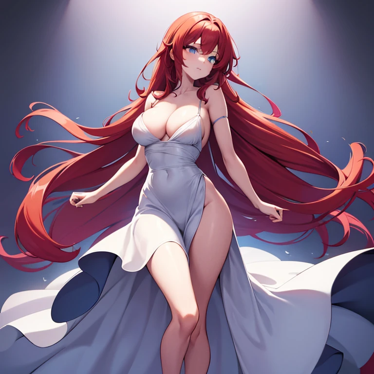 1 girl, solo, long wavy hair, vibrant fiery red hair, hazey blue eyes, skinny, flirtatious curves, gigantically large breasts, 2 breasts, 5'4", anime girl, no bra, standing seductively, powder blue dress featuring thin straps, a subtle neckline, enhancing the collarbone, and flows into a silhouette that elegantly complements the wearer's figure. Strappy black heels. Dress straps sliding down her arms causing her breasts to be naked, Breasts over dress
