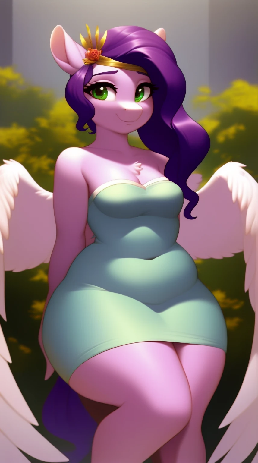 (score_9), (source_pony), (solo), (pegasus), ((anthro young pipp petals :1.1)), (strapless Aqua dress), sexy, nervous smile ,floppy ears, blushing, long hair, anatomically correct, night garden, flat chest, anime art style, solo, light purple fur, green eyes, arms behind back, hourglass figure, curvy, plump body, , short, chubby, cute, high res,