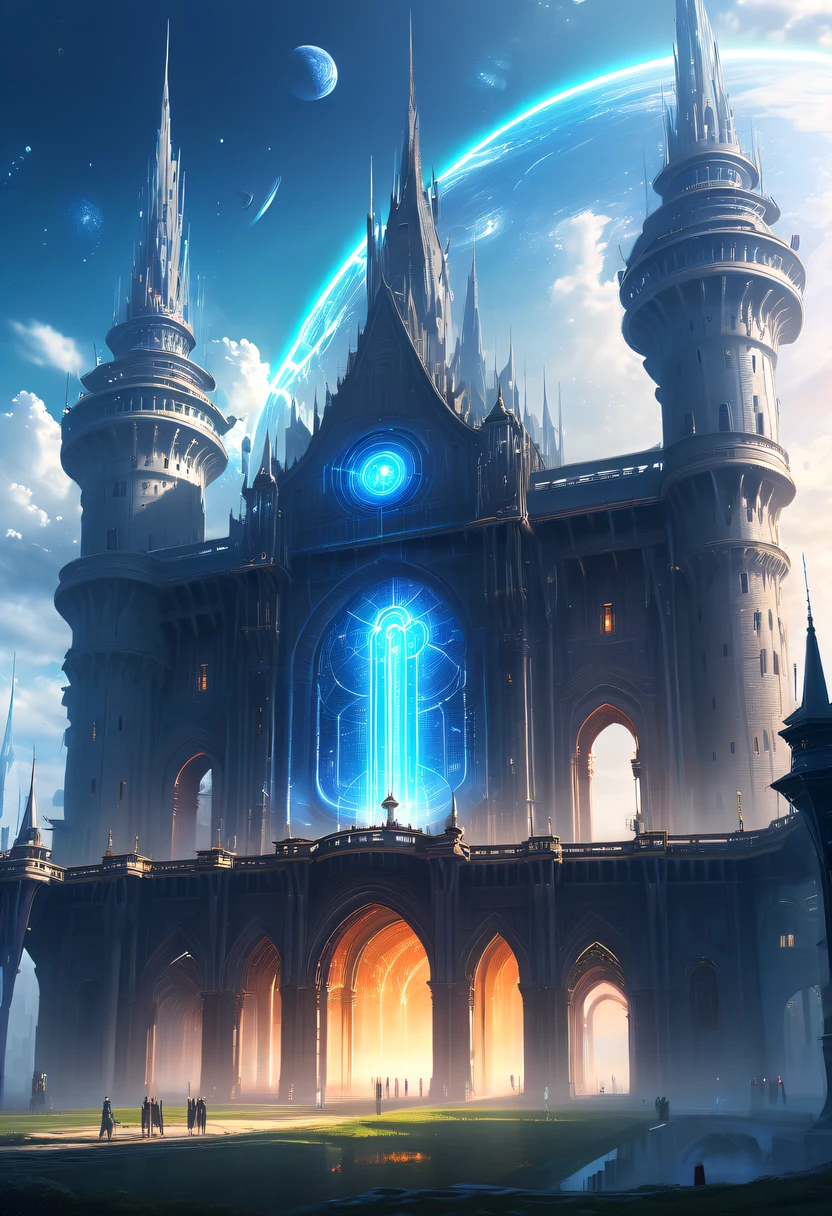 电影灯光, lightand shade contrast, tmasterpiece, Best quality, Award-Awarded, hyper HD ,(Spectacular high-tech space landscape:1.3),The fusion of future technology and the Middle Ages，(A medieval city full of high-tech elements:1.2)，(Medieval ancient palace with energy field:1.3),huge energy field,Energy field envelopes the palace,cosmic energy field,High-tech halo,cosmic jump gate,Advanced terraforming,The possibilities are endless.Sparkling neon lights,cosmic energy field,steampunc，heavy metal style，A futuristic,Surreal illustration style,Charming future skyline,Equipped with smart holograms and alien flying saucers，