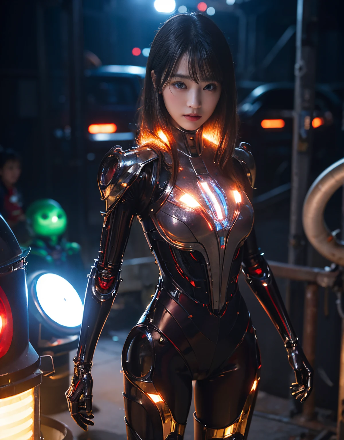 (1 mechanical girl and 1 alien)、（Mystical expression）、top-quality、​masterpiece、超A high resolution、(Photorealsitic:1.4)、Raw photo、女の子1人、glowy skin、(((1 Mechanical Girl)))、((transparent crystal suit bodysuit、The body can see through)).(Natural alien background to fight aliens)、(Small LED)、((super realistic details))、vertical giant monster background),globalillumination、Shadow、octan render、8K、ultrasharp、Robot background、Colossal tits、Raw skin exposed in the cleavage、red metal、Details of complex ornaments、Japan details、highly intricate detail、Realistic light、(Mystical expression),CG Society Trenlow Eyes、Eyes shining towards the camera、Mechanical marginal blood vessels connected to neon detail tubes)、(Wires and cables connecting to the head)、Small LED、,Mechanical thighs、Toostock、（Hands are also made of machines）、机器人、future alien、Please wear a mechanical helmet、