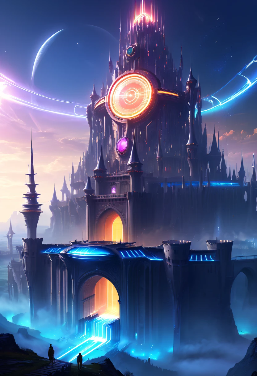 电影灯光, lightand shade contrast, tmasterpiece, Best quality, Award-Awarded, hyper HD ,(Spectacular high-tech space landscape:1.3),The fusion of future technology and the Middle Ages，(A medieval city full of high-tech elements:1.2)，(Medieval ancient palace with energy field:1.3),huge energy field,Energy field envelopes the palace,cosmic energy field,High-tech halo,cosmic jump gate,Advanced terraforming,The possibilities are endless.Sparkling neon lights,cosmic energy field,steampunc，heavy metal style，A futuristic,Surreal illustration style,Charming future skyline,Equipped with smart holograms and alien flying saucers，