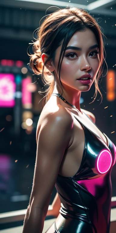 8k, Masterpiece, raw photography, (Best Quality, detail: 1.3), photorealistic and extremely detailed CG 8k wallpaper, professional photography, ((hyperrealism: 1.2)), (Focus sharpness: 1.2), depth of field, cinematic light, Lens flare, ray tracing, (20 years, phenomenal model, extremely beautiful face, Beautiful lips, pretty eyes), rostro con details intrincados, ((Ultra detailed skin)), 1 girl, in the dark, deep shadow, Pretty girl, with a perfect body, (perfect proportions, narrow waist, beautiful butt, big breasts), (bare back, (((anatomically correct))), precisely textured skin, (very thin body, Slim and muscular: 1.18), ( (looking at the viewer)), big and beautiful contagious smile, (mini fitted dress), (off the shoulders), (ciudad de evening, (neon lights), (evening), earrings, BRACELET, collar, socks, Brown hair, short hair, large eyes, blue eyes, the young woman has her back to the camera, Waiting, Focused on his back, the young woman turns her torso and looks back, ((view from thighs to upper body)) , fitted dress, silk dress, dress with lace, (transparent red miniskirt dress, lingerie), la joven gira la cabeza hacia atrás looking at the viewer, back plane, very thin, slander, blonde twin gets her hair drilled, ((the miniskirt is transparent red, ultra fitted miniskirt, the miniskirt is extremely short, the miniskirt shows the white panties)),