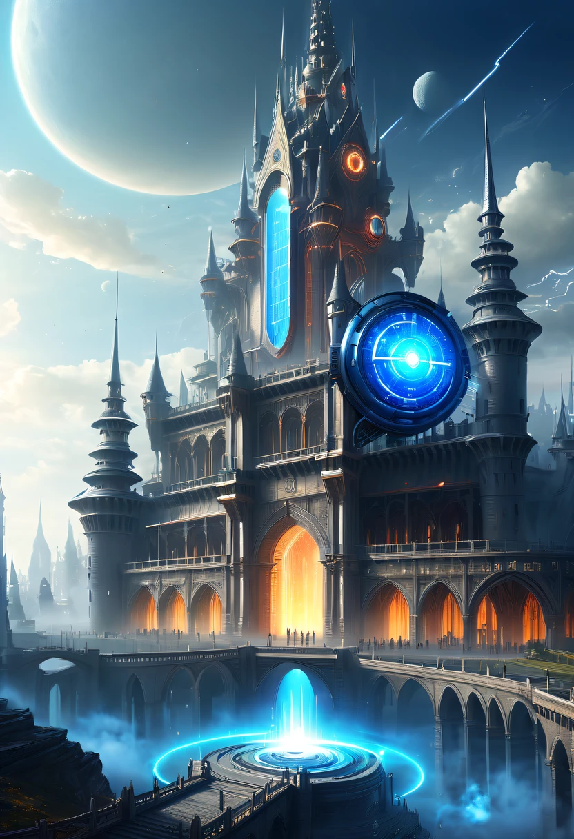 电影灯光, lightand shade contrast, tmasterpiece, Best quality, Award-Awarded, hyper HD ,(Spectacular high-tech space landscape:1.3),The fusion of future technology and the Middle Ages，(A medieval city full of high-tech elements:1.2)，(Medieval ancient palace with energy shield:1.3),Huge energy shield,Energy shield envelopes the palace,cosmic energy field,High-tech halo,cosmic jump gate,Advanced terraforming,The possibilities are endless.Sparkling neon lights,cosmic energy field,steampunc，heavy metal style，A futuristic,Surreal illustration style,Charming future skyline,Equipped with smart holograms and alien flying saucers，