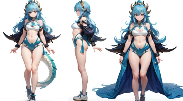 Absurd resolution, high resolution, (masterpiece: 1.4), super detailed, Depict an 18-year-old dragon girl radiating allure. no wings, NO wings, long, flowing, colorful blue hair cascading down her beautiful body. captivating eyes, naked body. beautiful body, blue tail, Capture her in a full-body composition that highlights both her dragon essence and irresistible charm. blue hair, long hair, slighy tan. character sheet, naked