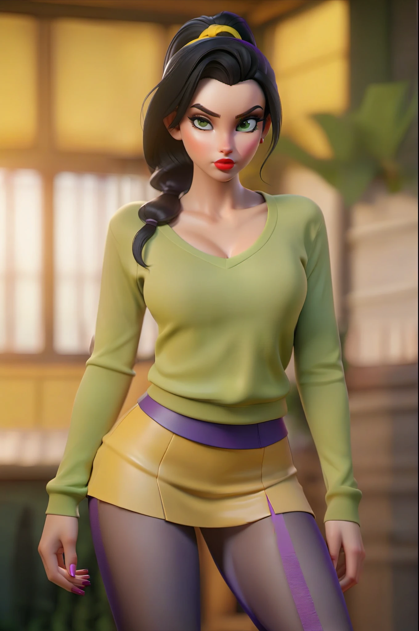 Masterpiece, ultra detailed, best quality, intrincated textures, 8k !( full body of beautiful girl with (green eyes) and ( black hair gathered in a ponytail), she has long eyelashes and red lipstick, she has a slim and athletic body, she wears a (yellow top with long sleeves and a low chest), she wears a (purple pleated miniskirt) and (pantyhose skin))