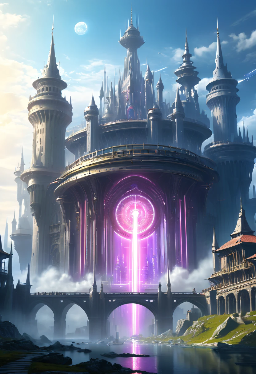 电影灯光, lightand shade contrast, tmasterpiece, Best quality, Award-Awarded, hyper HD ,(Spectacular high-tech space landscape:1.3),The fusion of future technology and the Middle Ages，(A medieval city full of high-tech elements:1.2)，(Medieval ancient palace with energy shield:1.3),Huge energy shield,Energy shield envelopes the palace,cosmic energy field,High-tech halo,cosmic jump gate,Advanced terraforming,The possibilities are endless.Sparkling neon lights,cosmic energy field,steampunc，heavy metal style，A futuristic,Surreal illustration style,Charming future skyline,Equipped with smart holograms and alien flying saucers，