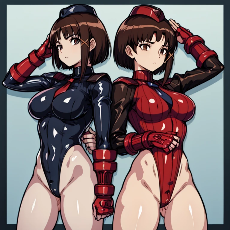 ultra-detailed, Explicit, Beautiful body, Beautiful Nose, Beautiful character design, perfect eyes, perfect face, ultra highres, 4K, beautiful legs, perfect legs, Nice hands, Perfect hand, Masterpiece, Best Quality, Highly detailed, illustration, absurdres, street fighter, doll suit, shadaloo doll, dollsuit, girls, multiple girls, expressionless, blank eyes, looking at viewer, red gloves, emotionless, black latex, corrution, mind control, female combatant, full body, hypnotized, unhappy trance, full body suit, ribbed bodysuit, both arms at side, stand up straight, obey, perfect female body, extremely glossy latex, hypnosis, hypnoLora, empty eyes, Mind control device, poses, submissive_pose, Slave, hat, necktie, stand up straight, standing, standing at attention, hat, necktie, belt, extending the right arm from the shoulder into the air with a straightened hand, nazi saluting, military, military saluting, salute, right hand saluting, left hand at side, latex, ribbed bodysuit, wide hip, thicc, a curvy body, brown hair, short hair, iwakura lain, serial experiments lain, brown eyes