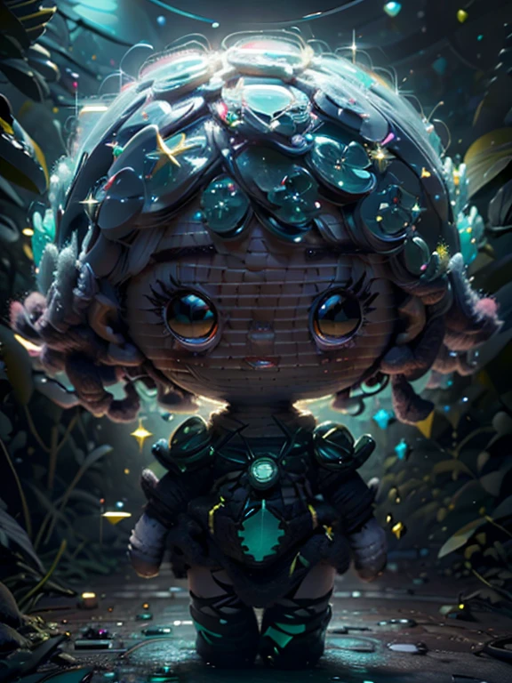 ((The cute power puff girl illustration drawn)), largeeyes, Round eyes, eyes glowing, dark forest background, x-files, alien abduction, dark neon lights. bathed in light, The floor with sparkling jewels. The light of diamonds and the light of emeralds spread out beautifully like stars.