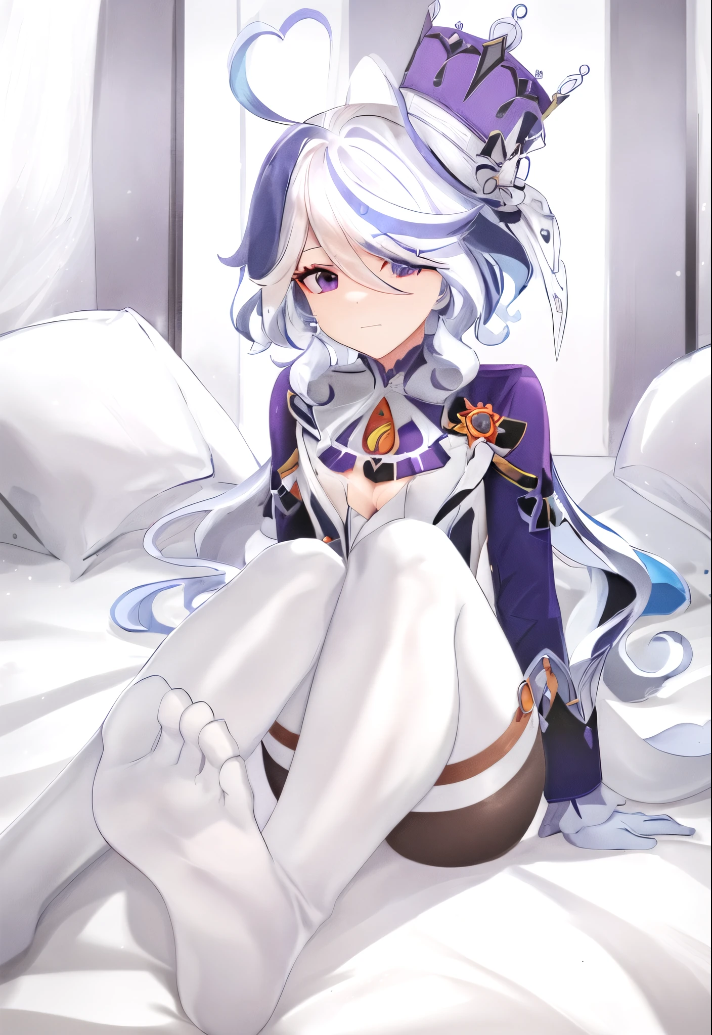 one-girl, (Best quality), ((tightsuit)))), White hair, Ultra-delicate skin, A high resolution, ultra - detailed, vulgar, afterglow,tightsuit, skin tight, latex,White jumpsuit, A thin body,Beautiful blood red eyeshadow,Wearing long black gloves:1.a purple eye:1 white hair, Blue hair:1, 1 Sister, Forina, genshin impact, White hair, Blue hair, flatchest