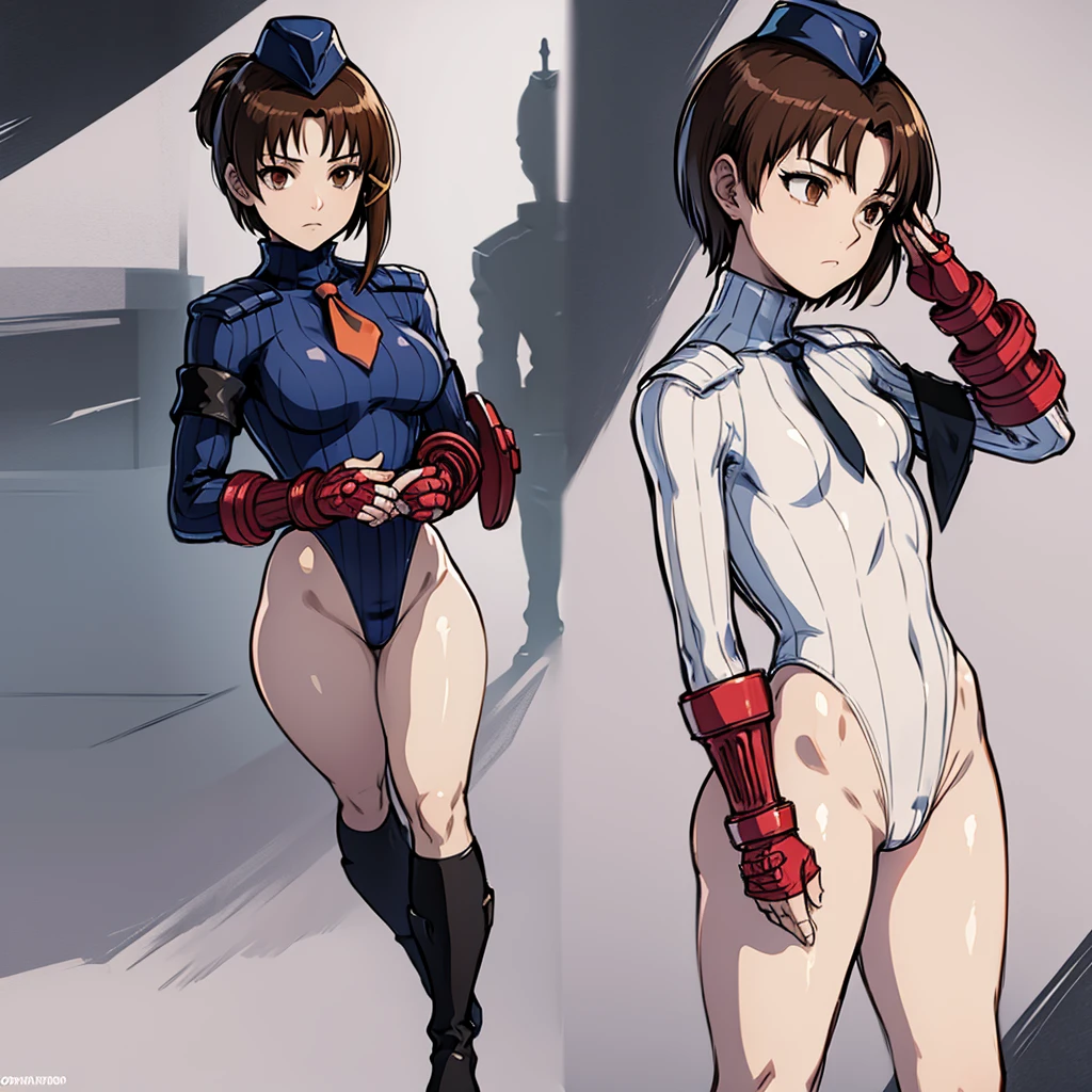ultra-detailed, Explicit, Beautiful body, Beautiful Nose, Beautiful character design, perfect eyes, perfect face, ultra highres, 4K, beautiful legs, perfect legs, Nice hands, Perfect hand, Masterpiece, Best Quality, Highly detailed, illustration, absurdres, street fighter, doll suit, shadaloo doll, dollsuit, girls, multiple girls, expressionless, blank eyes, looking at viewer, red gloves, emotionless, black latex, corrution, mind control, female combatant, full body, hypnotized, unhappy trance, full body suit, ribbed bodysuit, both arms at side, stand up straight, obey, perfect female body, extremely glossy latex, hypnosis, hypnoLora, empty eyes, Mind control device, poses, submissive_pose, Slave, hat, necktie, stand up straight, standing, standing at attention, hat, necktie, belt, extending the right arm from the shoulder into the air with a straightened hand, nazi saluting, military, military saluting, salute, right hand saluting, left hand at side, latex, ribbed bodysuit, wide hip, thicc, a curvy body, brown hair, short hair, iwakura lain, serial experiments lain, brown eyes