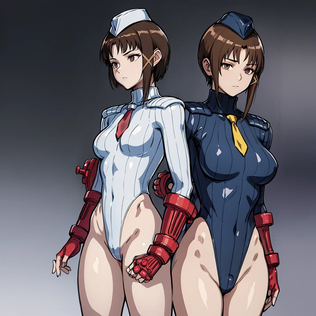 ultra-detailed, Explicit, Beautiful body, Beautiful Nose, Beautiful character design, perfect eyes, perfect face, ultra highres, 4K, beautiful legs, perfect legs, Nice hands, Perfect hand, Masterpiece, Best Quality, Highly detailed, illustration, absurdres, street fighter, doll suit, shadaloo doll, dollsuit, girls, multiple girls, expressionless, blank eyes, looking at viewer, red gloves, emotionless, black latex, corrution, mind control, female combatant, full body, hypnotized, unhappy trance, full body suit, ribbed bodysuit, both arms at side, stand up straight, obey, perfect female body, extremely glossy latex, hypnosis, hypnoLora, empty eyes, Mind control device, poses, submissive_pose, Slave, hat, necktie, stand up straight, standing, standing at attention, hat, necktie, belt, extending the right arm from the shoulder into the air with a straightened hand, nazi saluting, military, military saluting, salute, right hand saluting, left hand at side, latex, ribbed bodysuit, wide hip, thicc, a curvy body, brown hair, short hair, iwakura lain, serial experiments lain, brown eyes