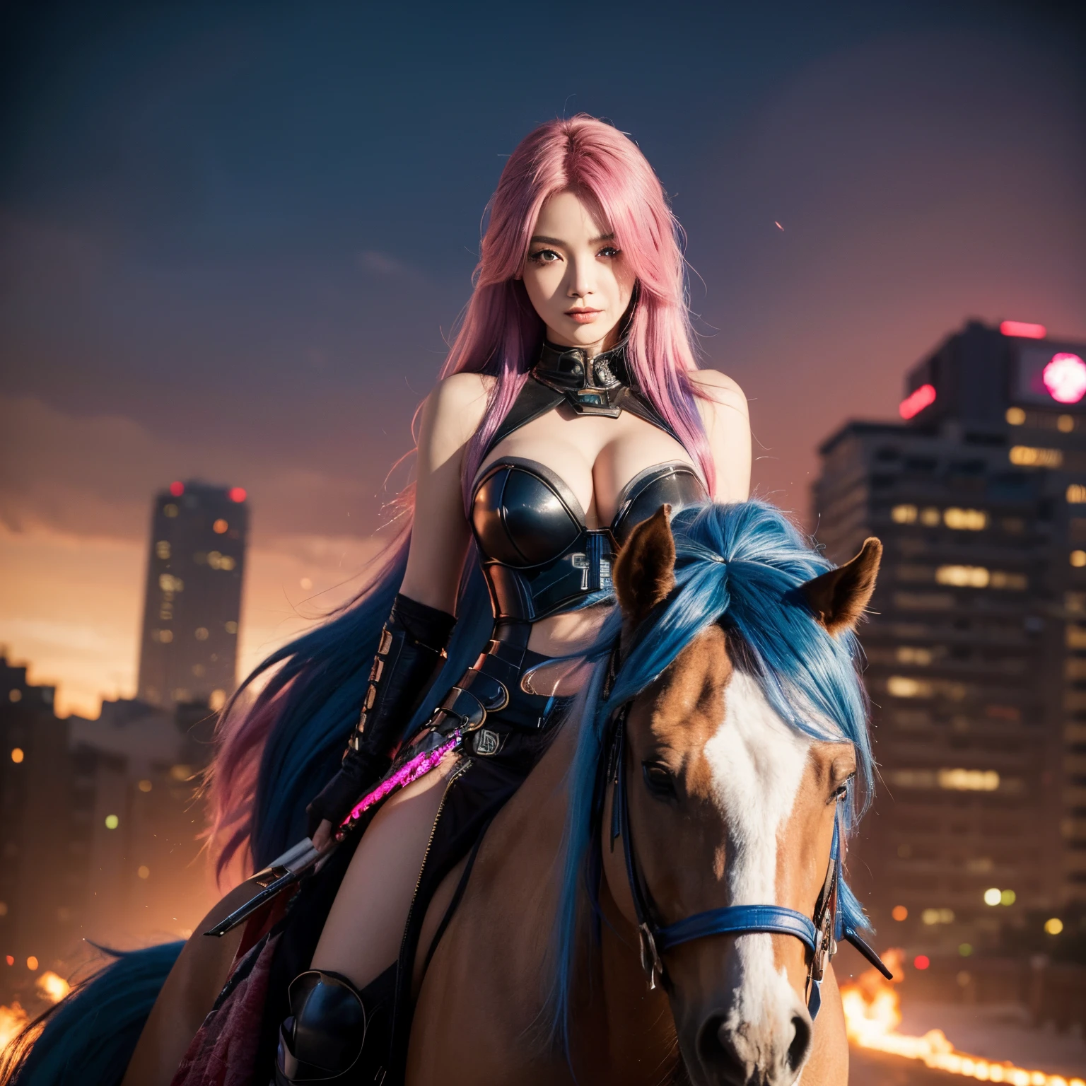 Best quality at best, 4K, tmasterpiece, The is very detailed, high detal, 1个Giant Breast Girl, Alone, Perry, Blue hair, hair covering one eye, Colorful hair, dual horsetail, with pink hair, red eyes, two tone color hair, armour, ssmile, burning city background