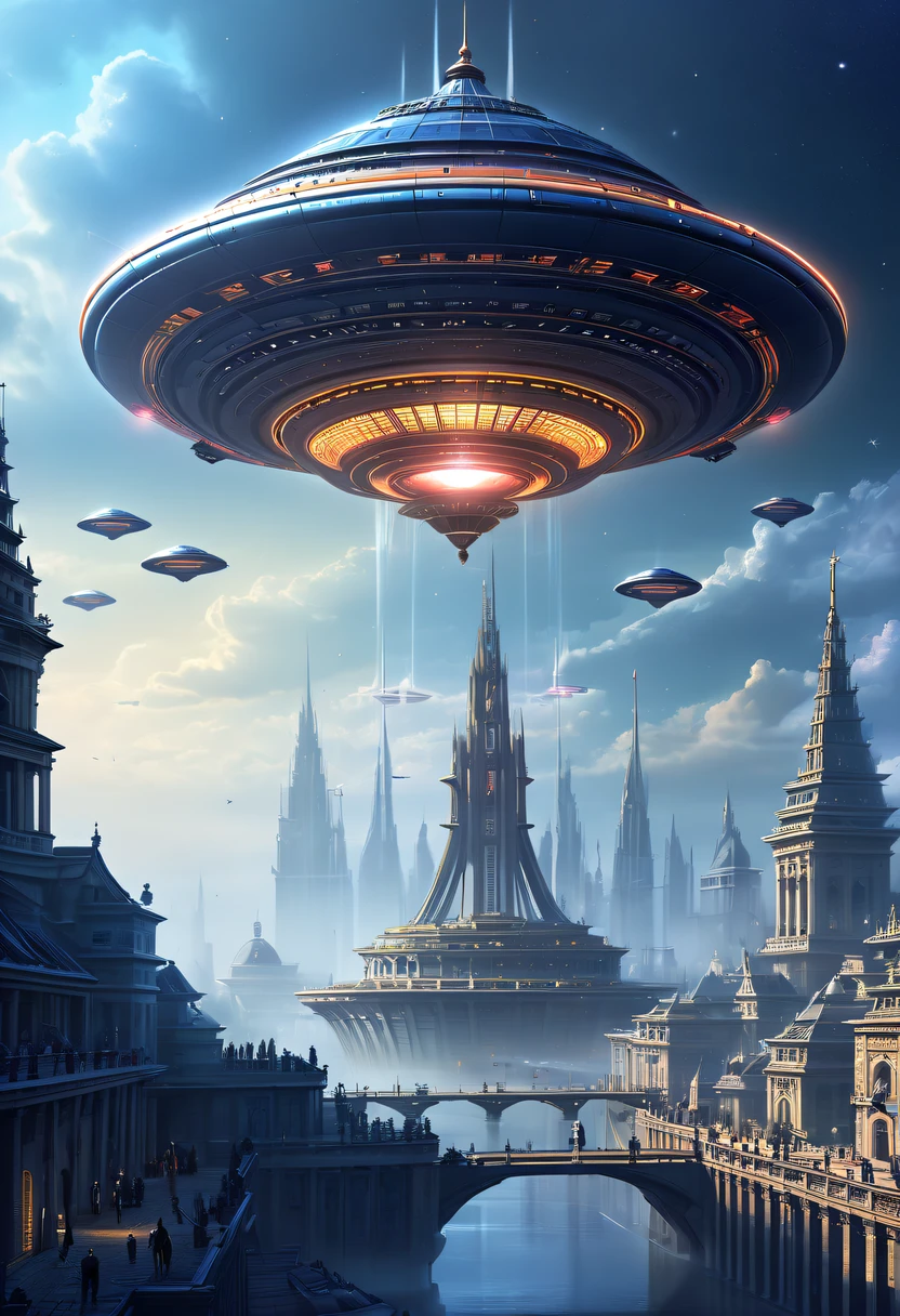 extremly intricate, 电影灯光, lightand shade contrast, tmasterpiece, Best quality, Award-Awarded, hyper HD ,Spectacular high-tech space landscape,The fusion of future technology and the Middle Ages，(A medieval city full of high-tech elements:1.2)，Medieval ancient palace,gothic castle，advanced solar、Equipped with smart holograms and alien flying saucers，(Digitization of ancient bell tower:1.4)，(Smart flying saucer:1.5),energy shields,Sparkling neon lights,huge spaceport,Interstellar Travel,cosmic energy field,,steampunc，heavy metal style，A futuristic,Surreal illustration style,Charming future skyline,High-tech infrastructure,cosmic jump gate,Beyond technology,Advanced terraforming,Interstellar civilization,The possibilities are endless.