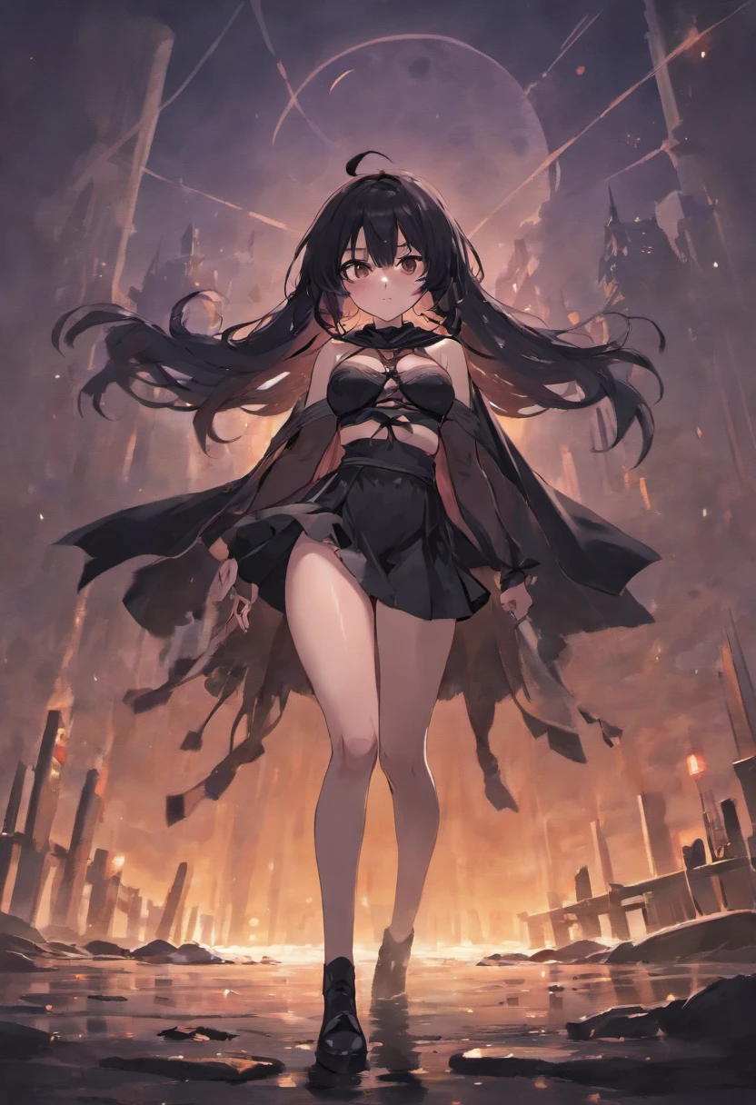 girl, ((long black hair)), ((show underwear)), (black bikini), (black skirt), long black cloak, samurai sword, (gunholster), (sexy pose), big moon, dramatic landscape, night, ((long black boots)), (midriff)