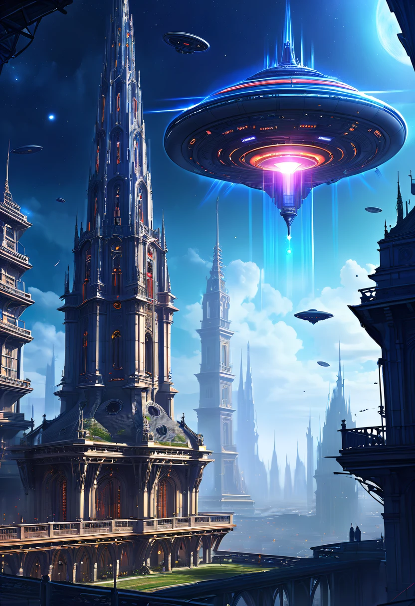 extremly intricate, 电影灯光, lightand shade contrast, tmasterpiece, Best quality at best, Award-Awarded, hyper HD ,The fusion of future technology and the Middle Ages,(A medieval city full of high-tech elements:1.2),Medieval ancient bell tower,gothic castle,advanced solar、Equipped with smart holograms and alien flying saucers,(Digitization of ancient bell tower:1.4),(Smart flying saucer:1.5),energy shields,Sparkling neon lights,huge spaceport,Interstellar Travel,cosmic energy field,,steampunc,heavy metal style,A futuristic,Surreal illustration style,Charming future skyline,High-tech infrastructure,cosmic jump gate,Beyond technology,Advanced terraforming,Interstellar civilization,The possibilities are endless.