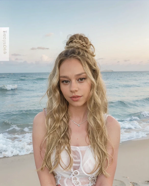 a woman with long blonde hair standing on a beach near the ocean, curly blonde hair | d & d, long curly light blond hair, curls on top, half updo hairstyle, katelynn mini cute style, long curly blonde hair, wavy hair spread out, wavy hairstyle, curls, wavy, wavy hair yellow theme, long fluffy curly blond hair, curly blond