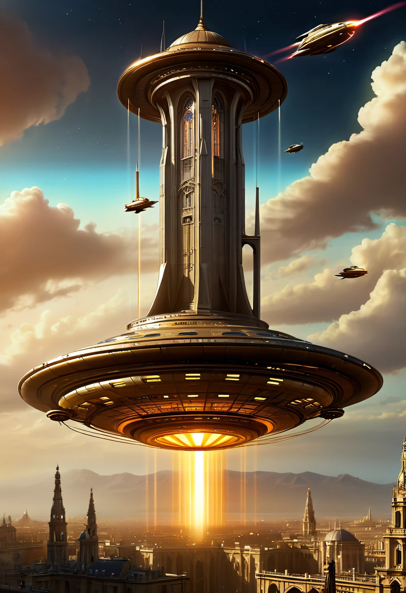 extremly intricate, 电影灯光, lightand shade contrast, tmasterpiece, Best quality, Award-Awarded, hyper HD ,The fusion of future technology and the Middle Ages,(A medieval city full of high-tech elements:1.2),Medieval ancient bell tower,gothic castle,advanced solar、Equipped with smart holograms and alien flying saucers,(Digitization of ancient bell tower:1.4),(Smart flying saucer:1.5),energy shields,Sparkling neon lights,huge spaceport,Interstellar Travel,cosmic energy field,,steampunc,heavy metal style,A futuristic,Surreal illustration style,Charming future skyline,High-tech infrastructure,cosmic jump gate,Beyond technology,Advanced terraforming,Interstellar civilization,The possibilities are endless.