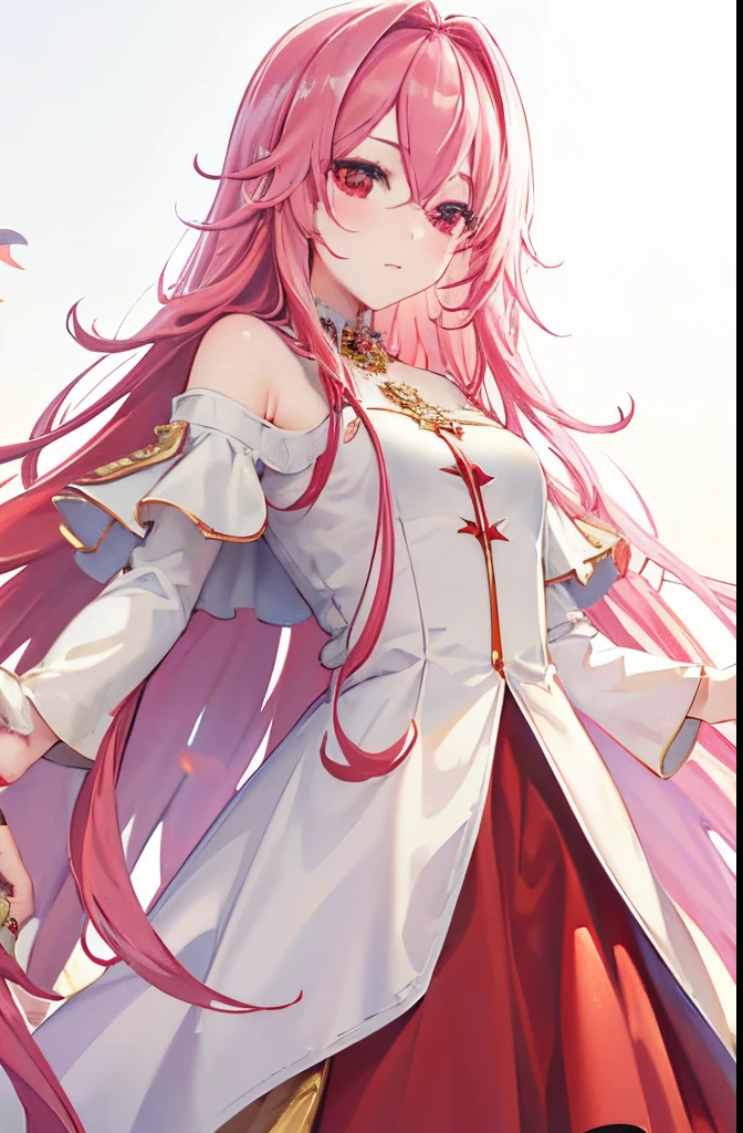 (best quality,4k,8k,highres,masterpiece:1.2),ultra-detailed,realistic:1.37,1girl,long peach hair,red eyes,wearing golden ornaments,red and white outfit with gold linnings,heaven,ultrasharp,looking at viewer