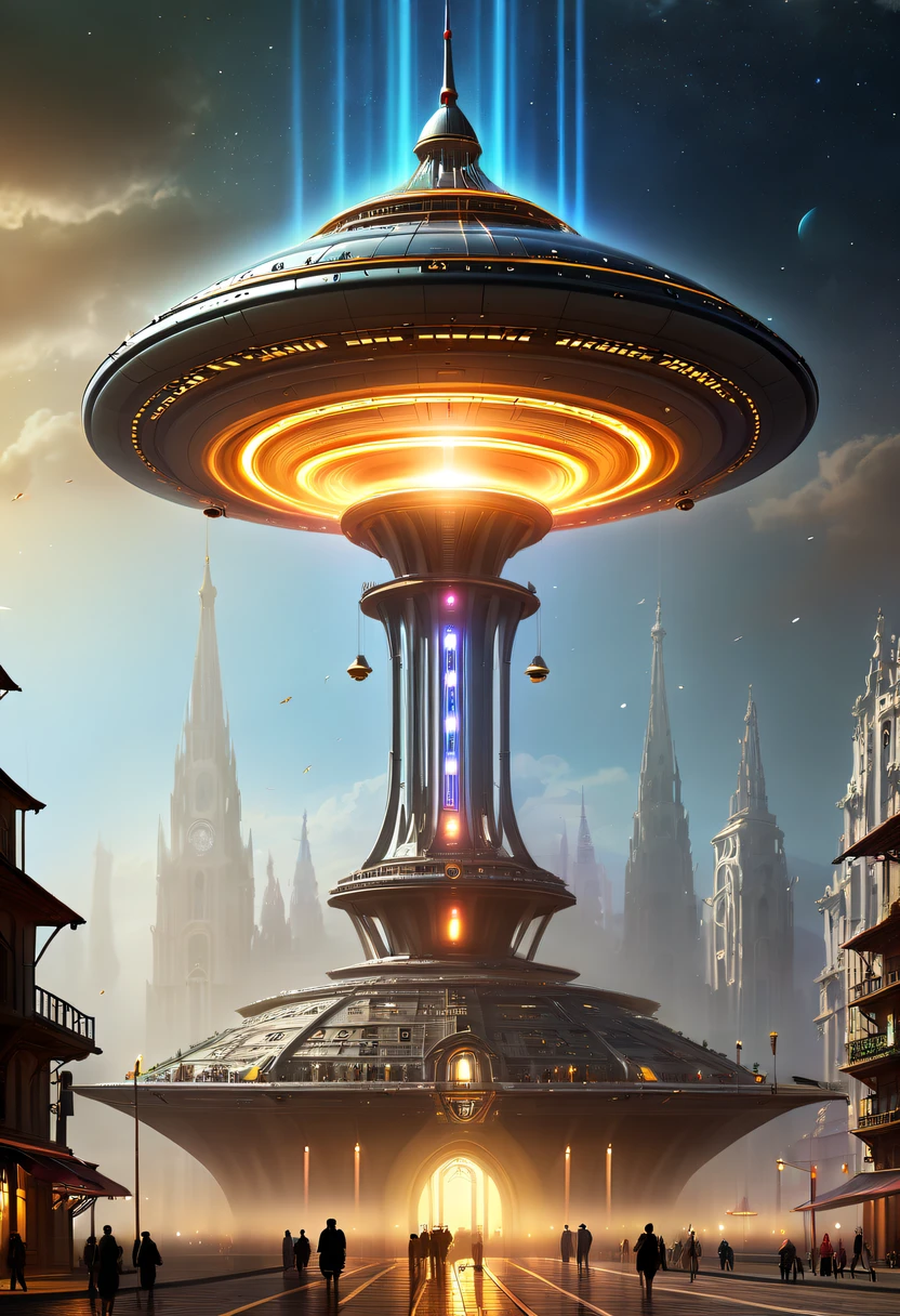 extremly intricate, 电影灯光, lightand shade contrast, tmasterpiece, Best quality, Award-Awarded, hyper HD ,The fusion of future technology and the Middle Ages，(A medieval city full of high-tech elements:1.2)，Medieval ancient bell tower,gothic castle，advanced solar、Equipped with smart holograms and alien flying saucers，(Digitization of ancient bell tower:1.4)，(Smart flying saucer:1.5),energy shields,Sparkling neon lights,huge spaceport,Interstellar Travel,cosmic energy field,,steampunc，heavy metal style，A futuristic,Surreal illustration style,Charming future skyline,High-tech infrastructure,cosmic jump gate,Beyond technology,Advanced terraforming,Interstellar civilization,The possibilities are endless.