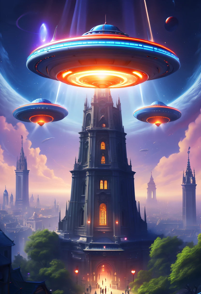 extremly intricate, 电影灯光, lightand shade contrast, tmasterpiece, Best quality, Award-Awarded, hyper HD ,The fusion of future technology and the Middle Ages,(A medieval city full of high-tech elements:1.2),Medieval ancient bell tower,gothic castle,advanced solar、Equipped with smart holograms and alien flying saucers,(Digitization of ancient bell tower:1.4),(Smart flying saucer:1.5),energy shields,Sparkling neon lights,huge spaceport,Interstellar Travel,cosmic energy field,,steampunc,heavy metal style,A futuristic,Surreal illustration style,Charming future skyline,High-tech infrastructure,cosmic jump gate,Beyond technology,Advanced terraforming,Interstellar civilization,The possibilities are endless.