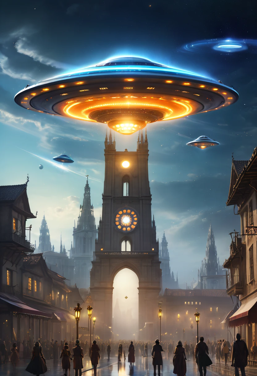extremly intricate, 电影灯光, lightand shade contrast, tmasterpiece, Best quality, Award-Awarded, hyper HD ,The fusion of future technology and the Middle Ages,(A medieval city full of high-tech elements:1.2),Medieval ancient bell tower,gothic castle,advanced solar、Equipped with smart holograms and alien flying saucers,(Digitization of ancient bell tower:1.4),(Smart flying saucer:1.5),energy shields,Sparkling neon lights,huge spaceport,Interstellar Travel,cosmic energy field,,steampunc,heavy metal style,A futuristic,Surreal illustration style,Charming future skyline,High-tech infrastructure,cosmic jump gate,Beyond technology,Advanced terraforming,Interstellar civilization,The possibilities are endless.