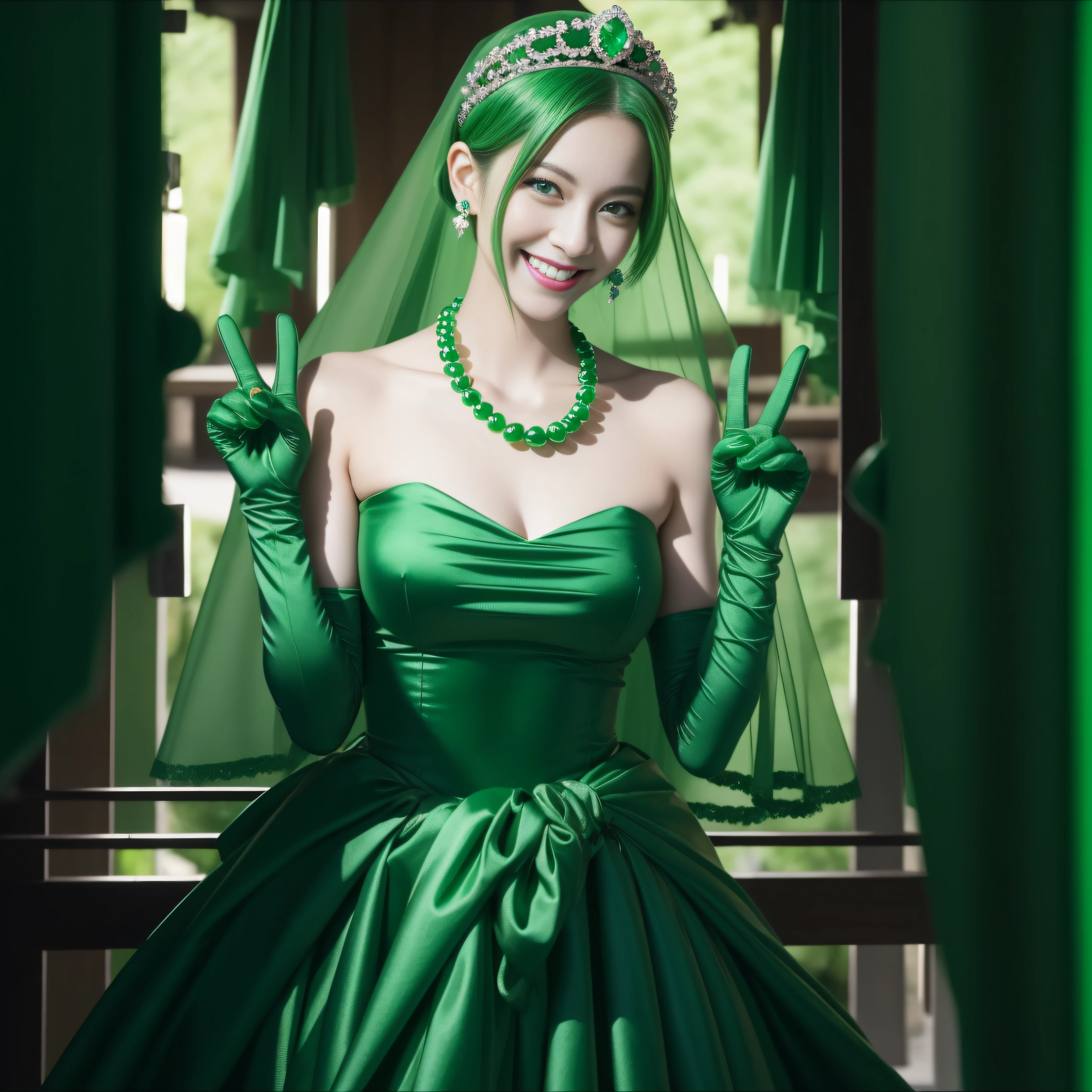 emerald tiara, Green Pearl Necklace, Boyish very short green hair, lipsticks, Japan woman smiling, very short short hair, big breasts beautiful, Green eyes, Long green gloves made of satin material, Green eyes, v sign,V-sign with both hands, Emerald Earrings, Green hair