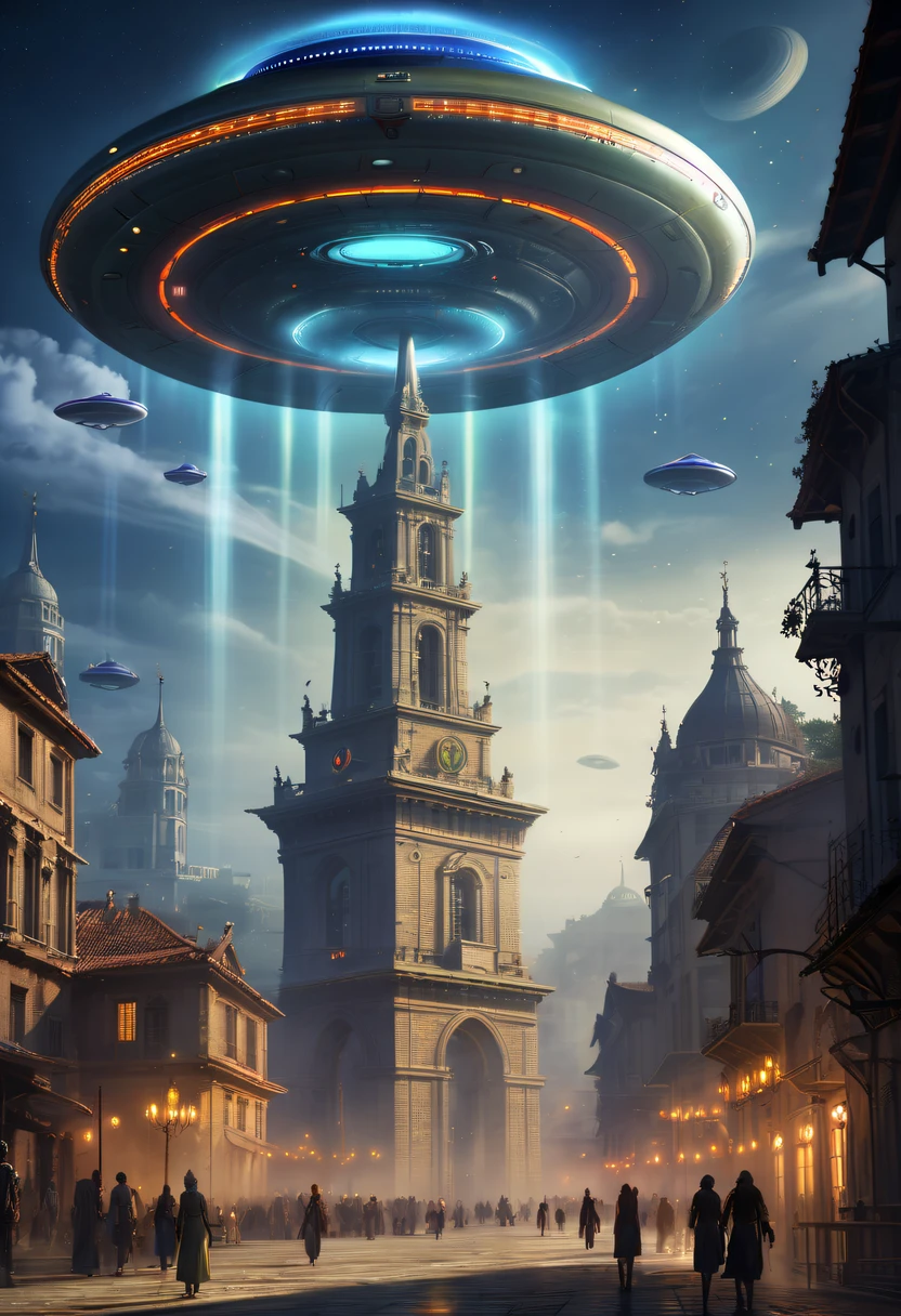 extremly intricate, 电影灯光, lightand shade contrast, tmasterpiece, Best quality, Award-Awarded, hyper HD ,The fusion of future technology and the Middle Ages,(A medieval city full of high-tech elements:1.2),Medieval ancient bell tower,gothic castle,advanced solar、Equipped with smart holograms and alien flying saucers,(Digitization of ancient bell tower:1.4),(Smart flying saucer:1.5),energy shields,Sparkling neon lights,huge spaceport,Interstellar Travel,cosmic energy field,,steampunc,heavy metal style,A futuristic,Surreal illustration style,Charming future skyline,High-tech infrastructure,cosmic jump gate,Beyond technology,Advanced terraforming,Interstellar civilization,The possibilities are endless.