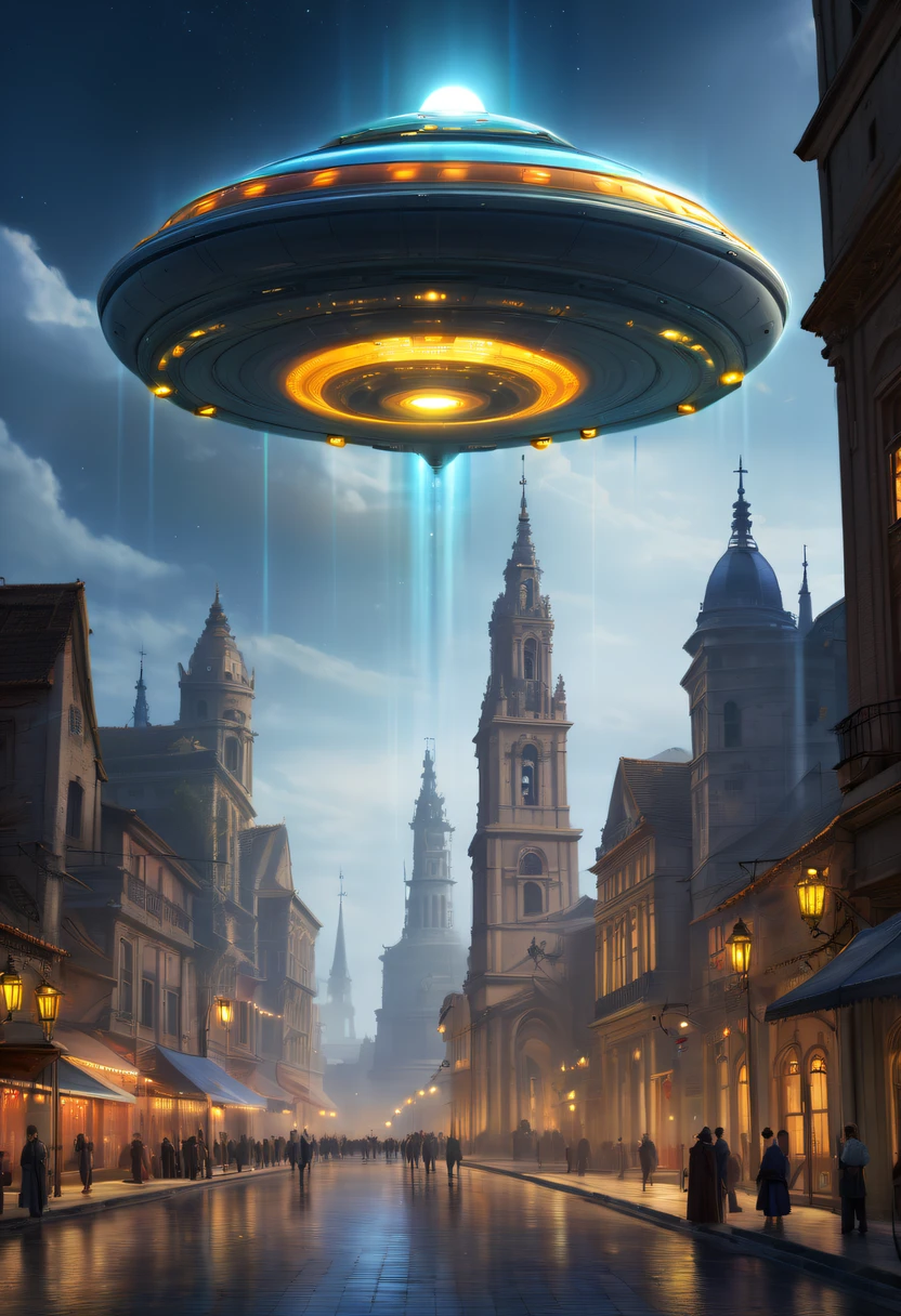 extremly intricate, 电影灯光, lightand shade contrast, tmasterpiece, Best quality, Award-Awarded, hyper HD ,The fusion of future technology and the Middle Ages,(A medieval city full of high-tech elements:1.2),Medieval ancient bell tower,gothic castle,advanced solar、Equipped with smart holograms and alien flying saucers,(Digitization of ancient bell tower:1.4),(Smart flying saucer:1.5),energy shields,Sparkling neon lights,huge spaceport,Interstellar Travel,cosmic energy field,,steampunc,heavy metal style,A futuristic,Surreal illustration style,Charming future skyline,High-tech infrastructure,cosmic jump gate,Beyond technology,Advanced terraforming,Interstellar civilization,The possibilities are endless.