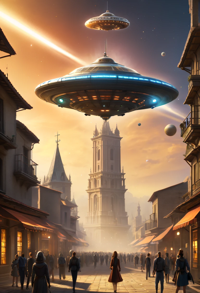 extremly intricate, 电影灯光, lightand shade contrast, tmasterpiece, Best quality, Award-Awarded, hyper HD ,The fusion of future technology and the Middle Ages,(A medieval city full of high-tech elements:1.2),Medieval ancient bell tower,gothic castle,advanced solar、Equipped with smart holograms and alien flying saucers,(Digitization of ancient bell tower:1.4),(Smart flying saucer:1.5),energy shields,Sparkling neon lights,huge spaceport,Interstellar Travel,cosmic energy field,,steampunc,heavy metal style,A futuristic,Surreal illustration style,Charming future skyline,High-tech infrastructure,cosmic jump gate,Beyond technology,Advanced terraforming,Interstellar civilization,The possibilities are endless.