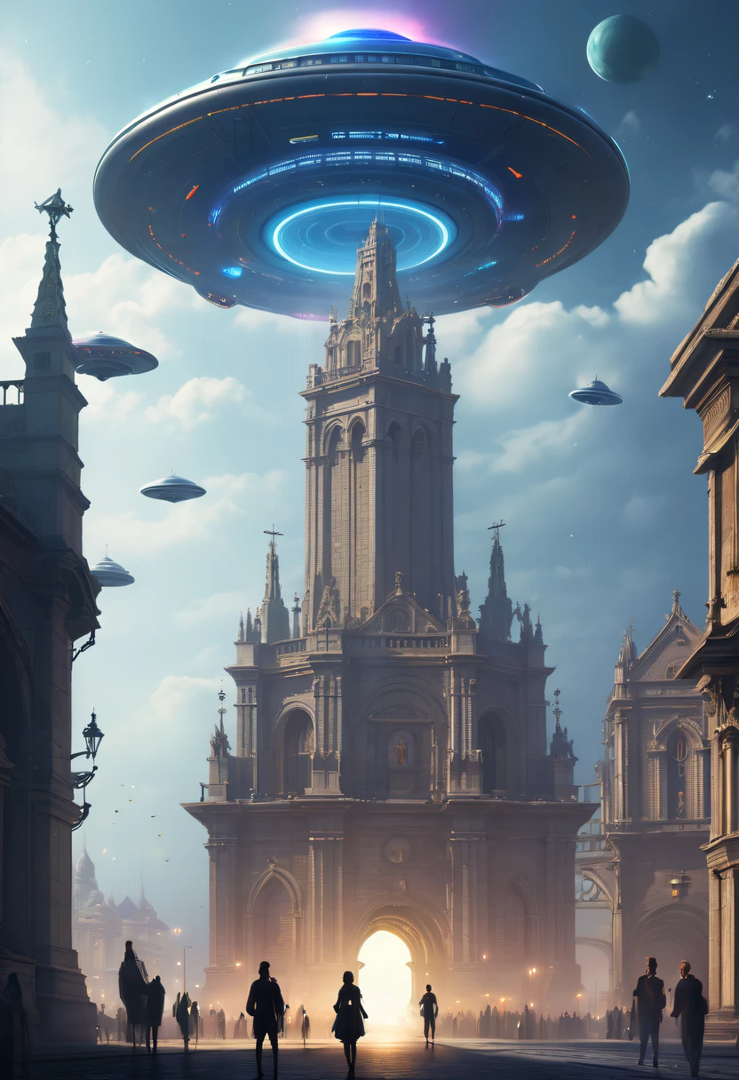extremly intricate, 电影灯光, lightand shade contrast, tmasterpiece, Best quality at best, Award-Awarded, hyper HD ,The fusion of future technology and the Middle Ages，(A medieval city full of high-tech elements:1.2)，Medieval ancient bell tower,gothic castle，advanced solar、Equipped with smart holograms and alien flying saucers，(Digitization of ancient bell tower:1.4)，(Smart flying saucer:1.5)，,energy shields,Sparkling neon lights,huge spaceport,Interstellar Travel,cosmic energy field,,steampunc，heavy metal style，A futuristic,Surreal illustration style,Charming future skyline,High-tech infrastructure,cosmic jump gate,Beyond technology,Advanced terraforming,Interstellar civilization,The possibilities are endless.