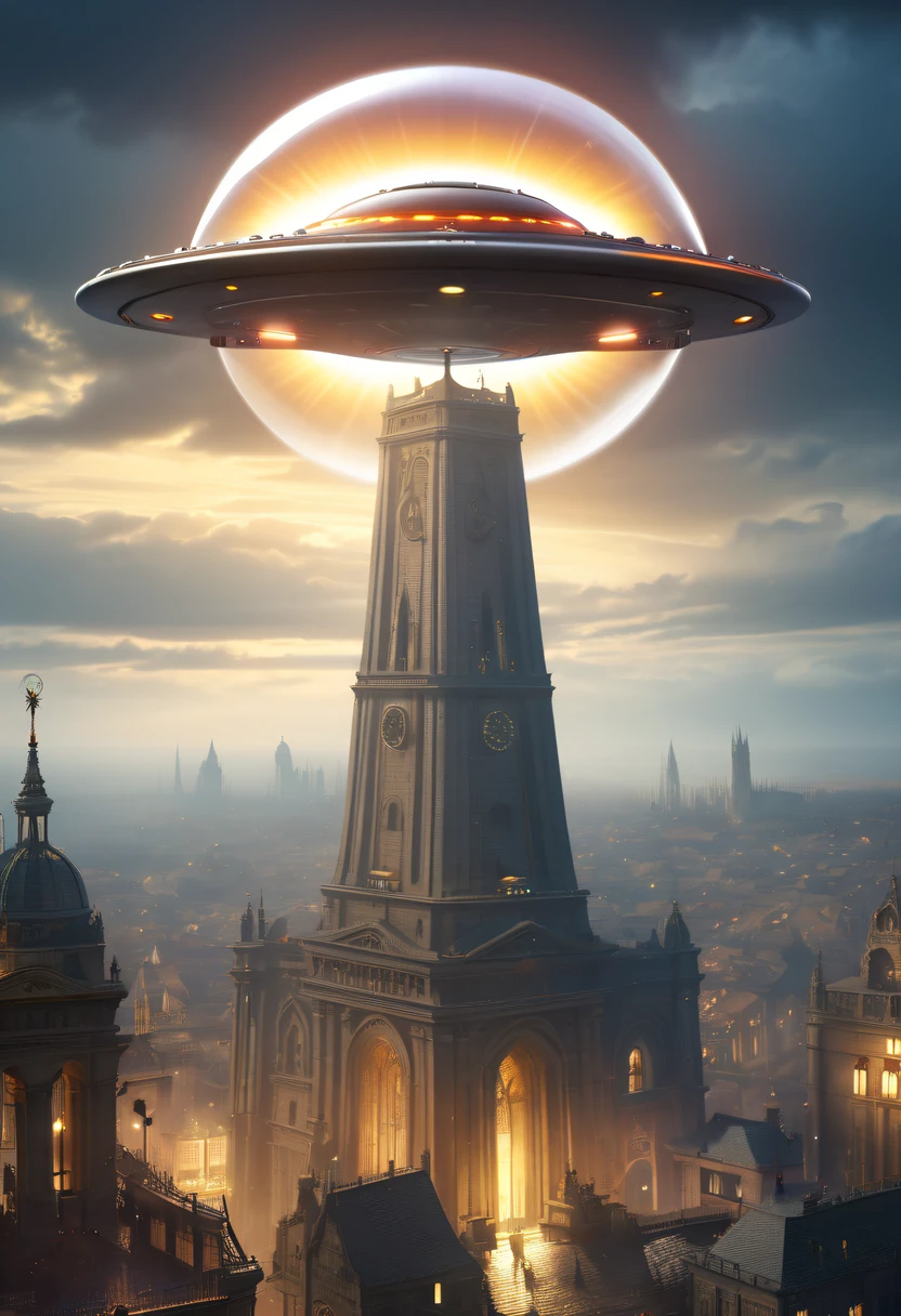 extremly intricate, 电影灯光, lightand shade contrast, tmasterpiece, Best quality at best, Award-Awarded, hyper HD ,The fusion of future technology and the Middle Ages,(A medieval city full of high-tech elements:1.2),Medieval ancient bell tower,gothic castle,advanced solar、Equipped with smart holograms and alien flying saucers,(Digitization of ancient bell tower:1.4),(Smart flying saucer:1.5),,energy shields,Sparkling neon lights,huge spaceport,Interstellar Travel,cosmic energy field,,steampunc,heavy metal style,A futuristic,Surreal illustration style,Charming future skyline,High-tech infrastructure,cosmic jump gate,Beyond technology,Advanced terraforming,Interstellar civilization,The possibilities are endless.