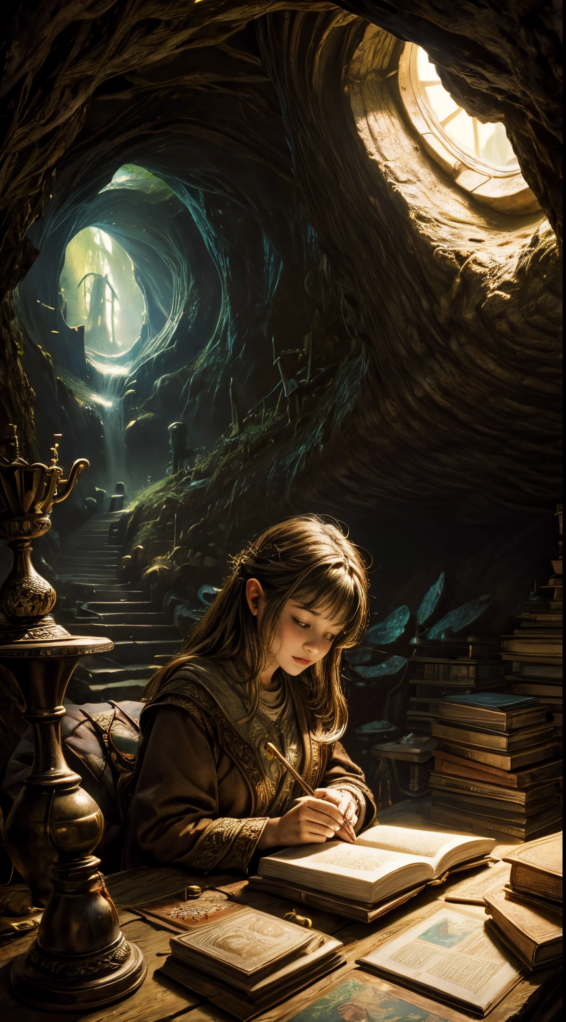 "Oil painting, ((dreamy)) girl reading ancient books, warm light ((inside a mystical hobbit cave)), magical atmosphere, whimsical clock, enchanting, cozy, detailed"