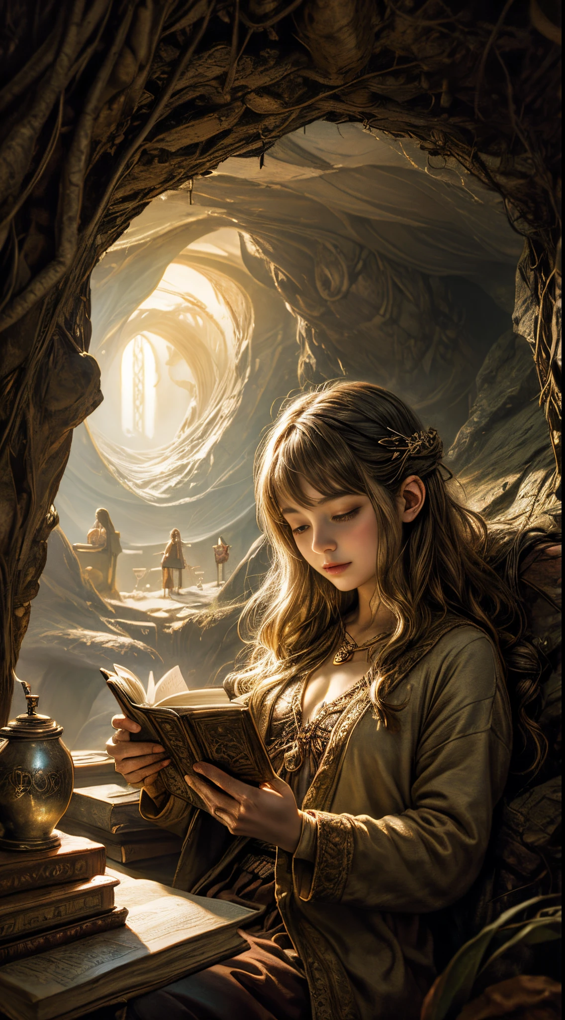 "Oil painting, ((dreamy)) girl reading ancient books, warm light ((inside a mystical hobbit cave)), magical atmosphere, whimsical clock, enchanting, cozy, detailed"