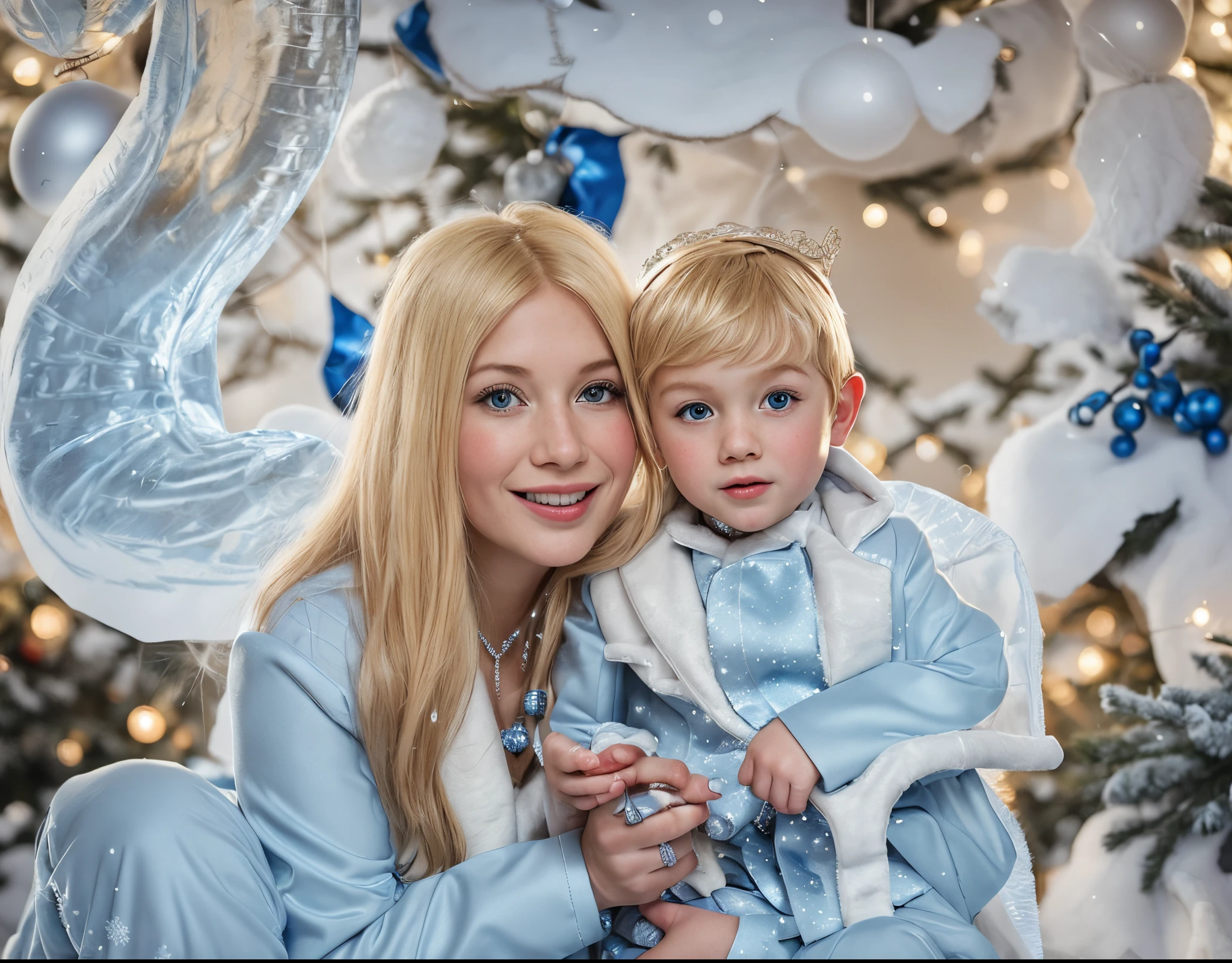 Blonde mom in a blue suit Snow Maiden snowflakes, on his head a crown with his son, boy, Child. Child in Elf costume. Against a Christmas background, Christmas tree, Garland, holiday.