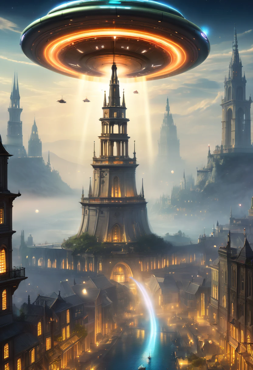 extremly intricate, 电影灯光, lightand shade contrast, tmasterpiece, Best quality, Award-Awarded, hyper HD ,The fusion of future technology and the Middle Ages，(A medieval city full of high-tech elements:1.2)，Medieval ancient bell tower,gothic castle，advanced solar、Equipped with smart holograms and alien flying saucers，(Digitization of ancient bell tower:1.4)，(Smart flying saucer:1.5)，,energy shields,Sparkling neon lights,huge spaceport,Interstellar Travel,cosmic energy field,,steampunc，heavy metal style，A futuristic,Surreal illustration style,Charming future skyline,High-tech infrastructure,cosmic jump gate,Beyond technology,Advanced terraforming,Interstellar civilization,The possibilities are endless.