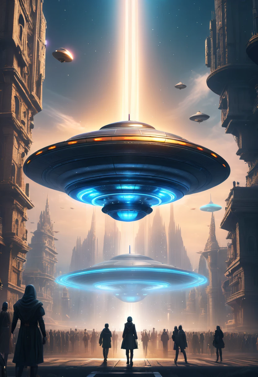 extremly intricate, 电影灯光, lightand shade contrast, tmasterpiece, Best quality, Award-Awarded, hyper HD ,The fusion of future technology and the Middle Ages，(A medieval city full of high-tech elements:1.2)，advanced solar、Equipped with smart holograms and alien flying saucers，(Digitization of ancient bell tower:1.4)，(Smart flying saucer:1.5)，,energy shields,Sparkling neon lights,huge spaceport,Interstellar Travel,cosmic energy field,,steampunc，heavy metal style，A futuristic,Surreal illustration style,Charming future skyline,High-tech infrastructure,cosmic jump gate,Beyond technology,Advanced terraforming,Interstellar civilization,The possibilities are endless.